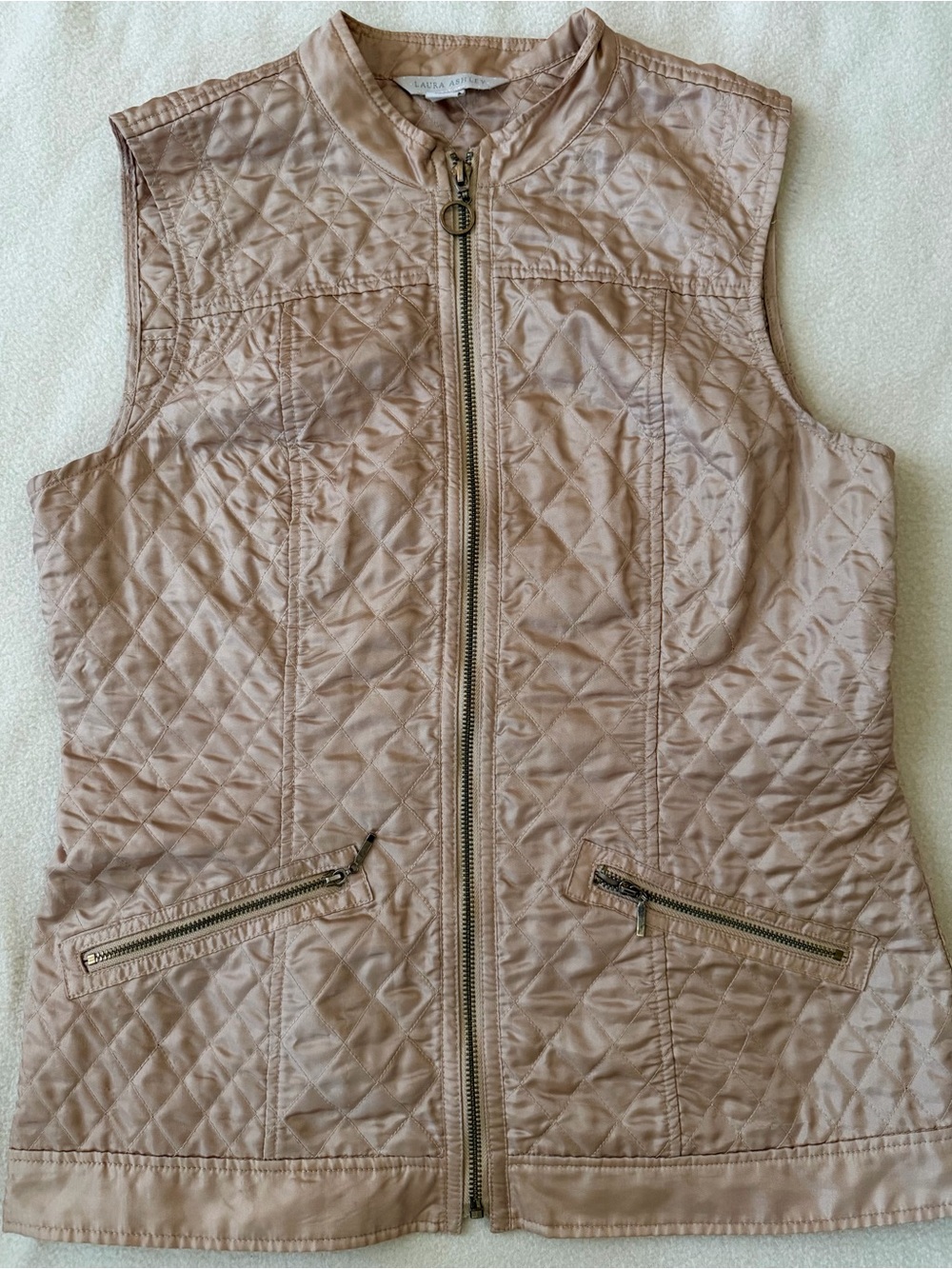 Vintage Laura Ashley Quilted Zip-Up Vest Champagne Beige Size S